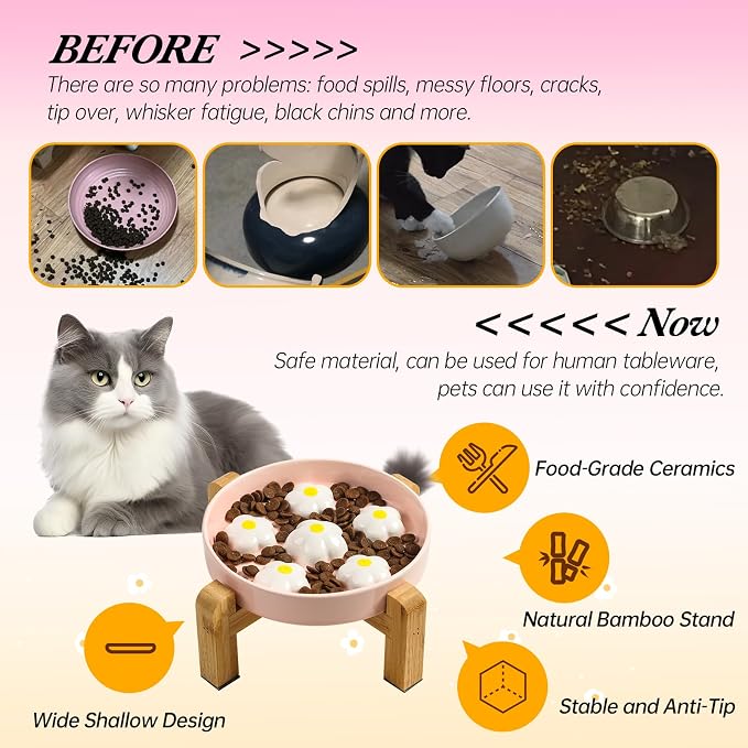 Elevated Ceramic Slow Feeder Cat Bowl with Anti-Slip Bamboo Stand | 6.3" Wide Whisker Friendly, Slow Eating 3x, Dry & Wet Food, Cute Flower-Shaped Maze, Microwave & Dishwasher Safe, White - Image 4