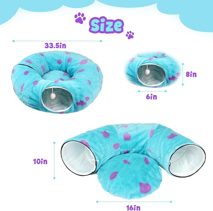 Cat Tunnel Bed for Indoor Cats, Cute Cat Tunnel Toy with Washable Cushion, Fits Cats up to 25 lbs, Peekaboo Cave Pet Bed for Kittens, Rabbits, Blue Purple Donut - Image 5