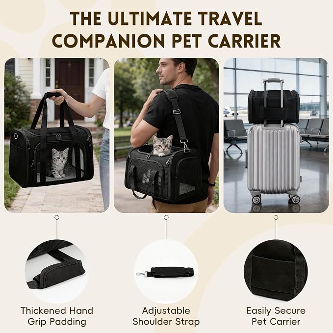 Cat Carrier Soft, Dog Carriers for Small Dog/Large Cat (Up to 16lb) | with High Breathability, Shoulder Strap, Waterproof Mat, Pet Carrier Airline Approved, for Home Outdoor Travel (Black) - Image 7
