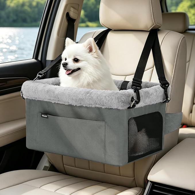 JOEJOY Deluxe Dog Booster Seat with Sturdy Metal Frame and Safety Leash for Small Pets up to 20 lbs - Portable Puppy Dog Car Seat with Thick Cushion and Storage Pockets for Small Dogs by JOEJOY