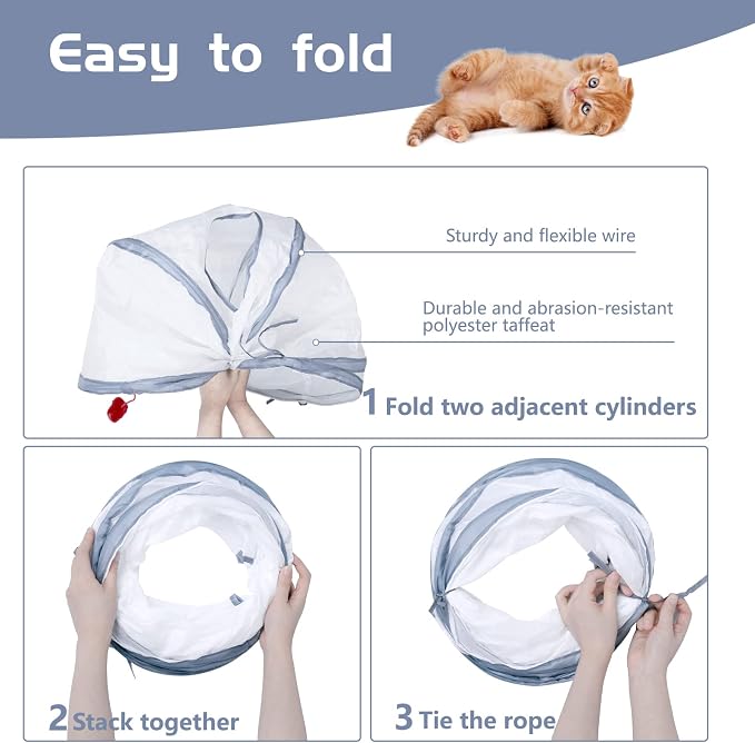 Sheldamy Cat Tunnel, 2-Way Cat Tunnels for Indoor Cats, Collapsible Cat Play Tunnel, Interactive Toy Maze Cat House with 1 Play Ball for Cats, Puppy, Kitty, Kitten, Rabbit (White & Grey) - Image 4
