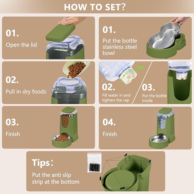 HWONMTE Portable Automatic Cat Feeder and Water Dispenser with Stainless Steel Bowl Dog Gravity Food Feeder and Waterer for Small Medium Pets Puppy Kitten 1 Gallon x 2 (Olive Green) - Image 7