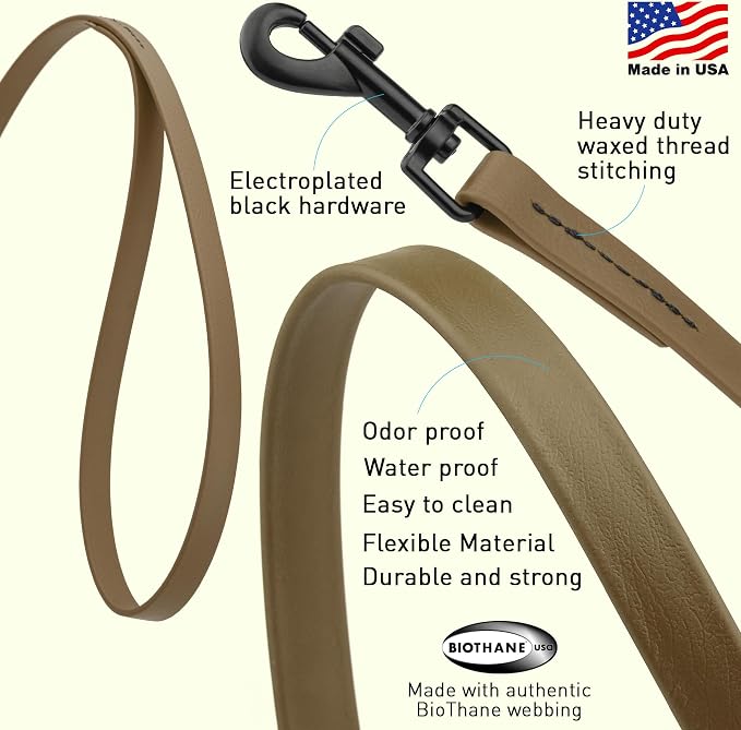 Dogline Biothane Waterproof Dog Leash Strong Coated Nylon Webbing with Black Hardware Odor-Proof Easy to Clean High Performance for Small or Large Dogs Made in USA 4 or 6 ft Lead, Coyote Brown - Image 2