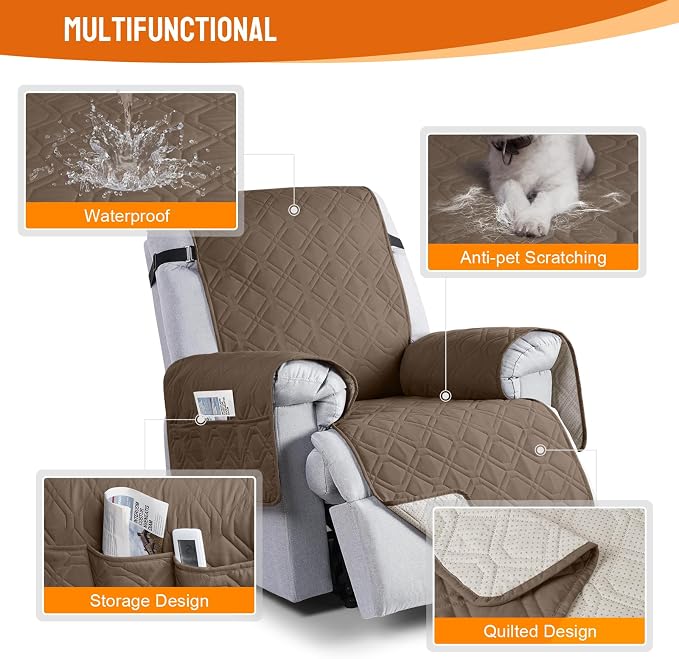 VANSOFY 100% Waterproof Recliner Chair Covers Washable, Brown, 25" | Non-Slip, Slipcover with Pocket, Furniture Protector, Elastic Straps, Chair Cover for Pets, Dogs - Image 5