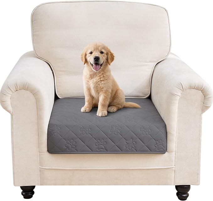 PAWFINITY Waterproof Arm Chair Covers for Dogs, Pet Blanket for Couch | Paw Print Quilted, Hair Resistant, Anti Cat Scratch, Washable Furniture Protector for Single Sofa Cushion, 30x30 Inch, Grey by Pawfinity