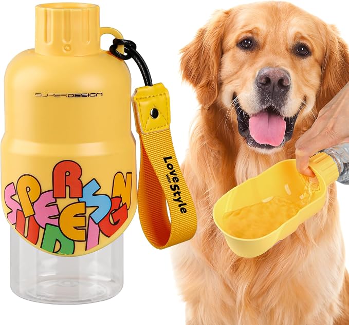 Dog Water Bottle,Leakproof Portable Water Bottle for Dogs, Dog Travel Water Bottles with Convenient Bottles Strap, Dog Travel Accessories for Walking, Hiking, Outdoor, Camping (17oz Yellow) by SUPERDESIGN
