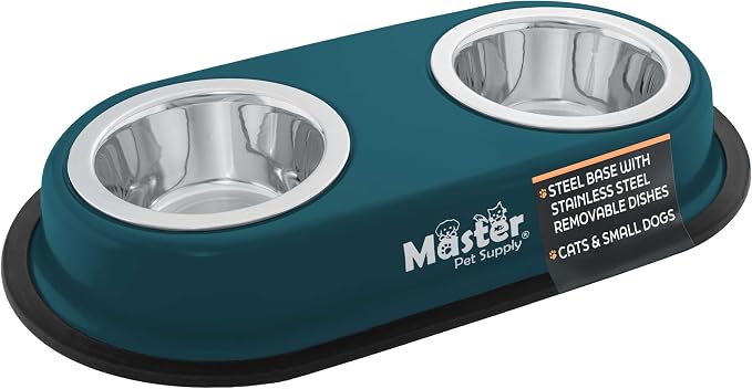Master Pet Supply Double Dog Bowls Set with Elevated Base Emerald Sea | 2 - (8 oz) Stainless Steel Removable Dishes Double Cat Food Water Bowl, Dog Puppy Food Bowl Set, Rust Resistant, Raised Dish by MasterPetSupply