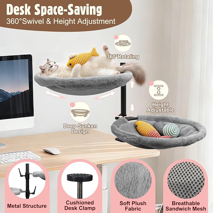 Double Cat Desk Bed, 360° Rotating & Adjustable Heigh Kitten Nest for Desktop, Double Kittens Clamp Hammock Bed with Dual-Sided Reversible Mat for Home Office-Maximum Hold Up to 40lb - Image 4