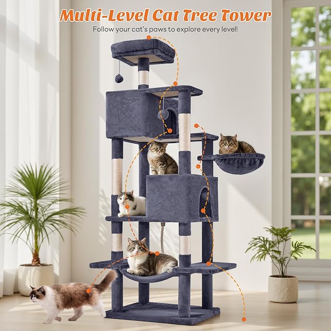 DUMOS Large 66 Inch Cat Tree Tower with Scratching Posts, Indoor Use | Tall Multi Level Cat Climbing Tower with Hammock, Pet Condo for Cats and Kittens Play, Dark Grey - Image 5
