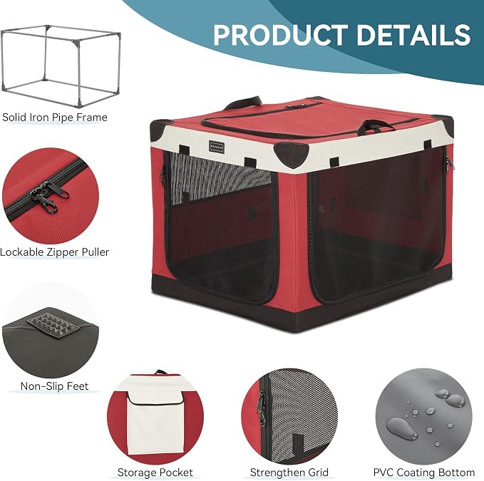 PETSFIT 30" Soft Portable Dog Crate – Patented Spiral Sturdy Frame, Collapsible Travel Kennel for Medium Dogs, 3 Mesh Door, Lockable Zippers, Indoor & Car Use Red - Image 5
