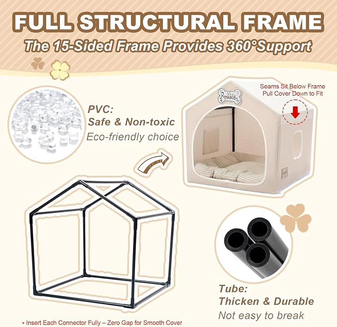 ndoor Dog House with Frame, Cute Dog Tent Bed with Cover Cave | Breathable, Washable, and Foldable House, Suitable for 36-66 Lb, Large (29"×29"×29"), Beige - Image 3