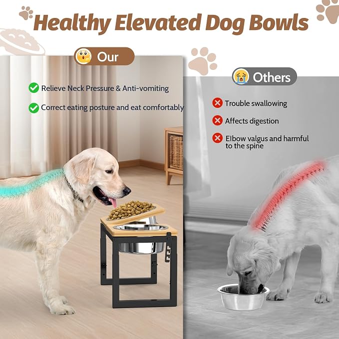 Dog Bowls Elevated, 4 Height (9.6" to15) & Angle (0-20°) Adjustable Raised Dog Bowl Stand, Elevated Dogs Bowl for Medium to Large Sized, Bamboo Feeding Station with 2X 10cups Stainless Steel Dishes - Image 4