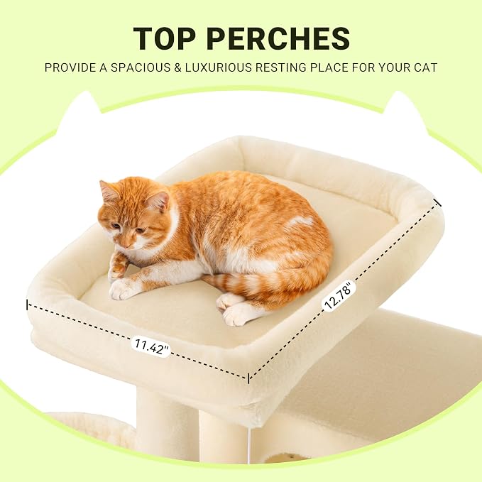 Allewie 64 Inches Multi-Level Cat Tree Tower for Indoor Cats, Beige | Activity Center for Big Felines, 2 Plush Condos, 2 Perches, Cozy Basket, House, Sisal Scratching Posts, Hanging Cat Toys - Image 4