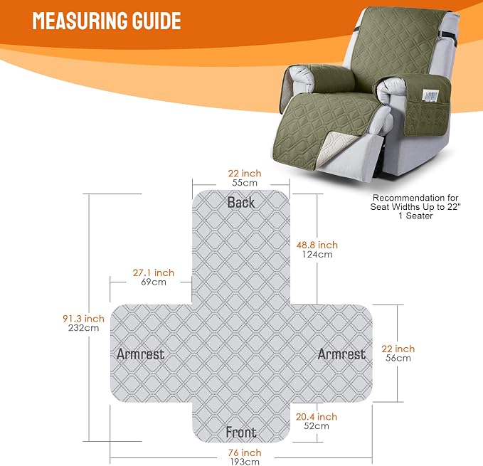 VANSOFY 100% Waterproof Recliner Chair Covers Washable, Olive Green, 22" | Non-Slip, Slipcover with Pocket, Furniture Protector, Elastic Straps, Chair Cover for Pets, Dogs - Image 2