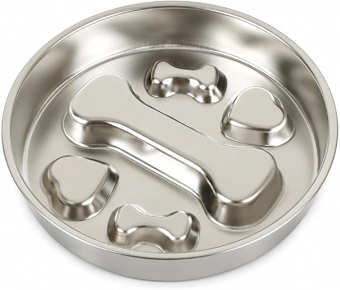 304 Stainless Steel Slow Feeder Dog Bowl, Double-Sided Anti-Gulping Puzzle Bowl, Bone Design, Dishwasher Safe, for Medium Large Dogs by Unknown
