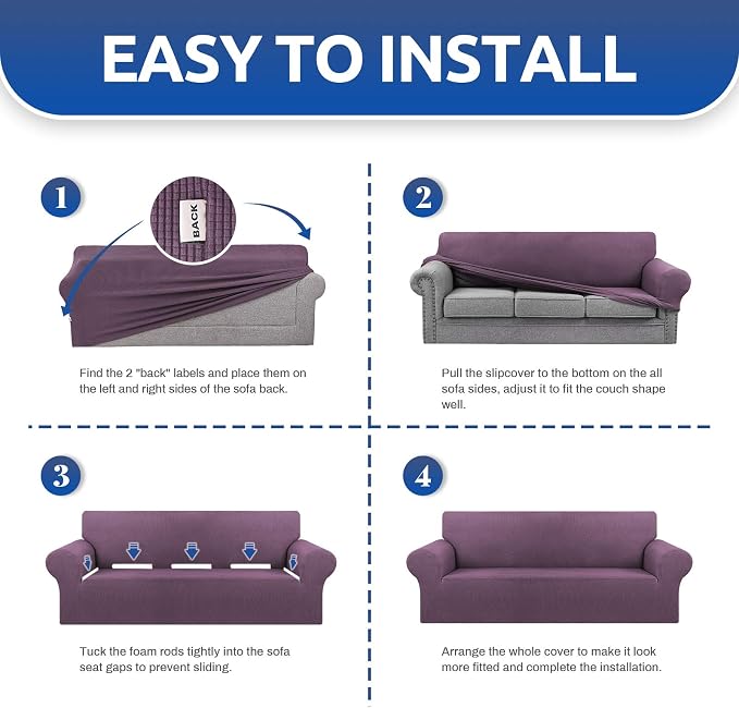KEKUOU Stretch Oversized Couch Covers for Sofa Slipcover,Dark Purple | 1-Piece Washable Sofa Cover (94"-110") 4-Seater Furniture Protector, Soft Jacquard Non-Slip Elastic Bottom for Dogs & Kids - Image 6