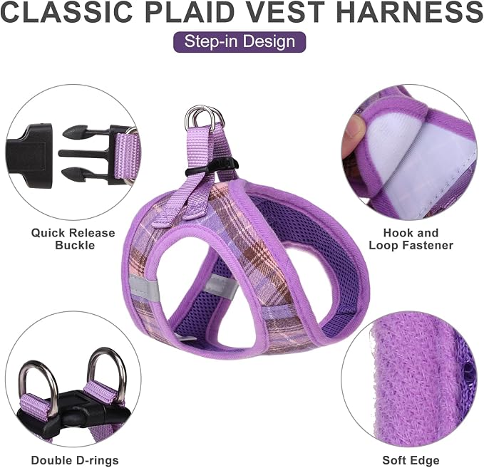 Classic Plaid Puppy Harness - Small Dog Harness and Leash Set - Dog Collar and Leash Set with AirTag Holder, Soft Padded Step in Dog Vest Harness No Pull Reflective for Outdoor, Purple S - Image 2