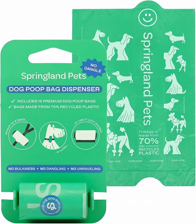 Springland Recycled Plastic Poop Bags for Dogs, 15 of Bags + 1 Dispenser | Premium thick & durable bags, leak proof, easy-open tab, unscented, no dangle bag holder for leash included by Springland
