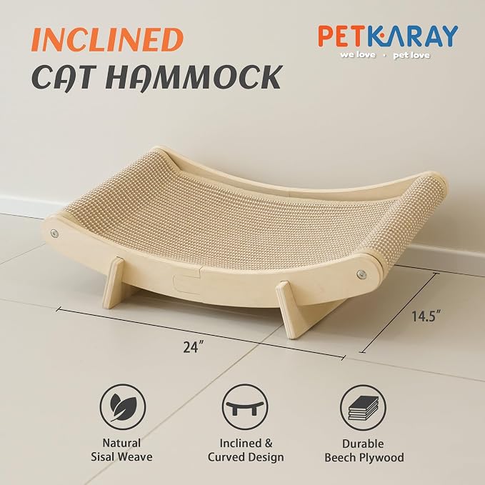 PETKARAY Inclined Sisal Cat Scratcher Bed, Curved Wooden Cat Hammock Chair, Large Scratch Pad for Indoor Cats, Cozy Cat Furniture Lounge - Image 2