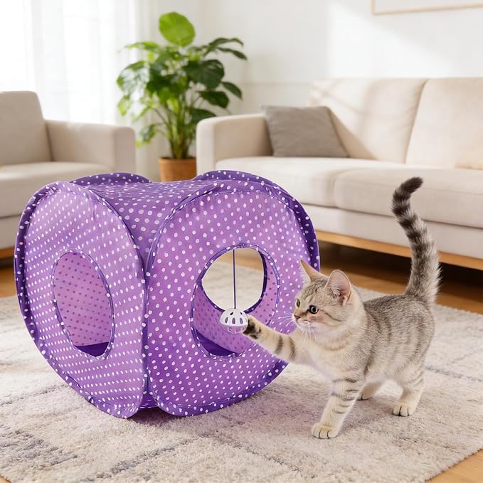 Andiker Cat Tent, 3 Holes Safe and Strong Cute Cats Tunnel Collapsible Easy to Carry Cat House for Indoor Cats Kittens Hiding Playing Training Sleeping (Square Purple) - Image 6
