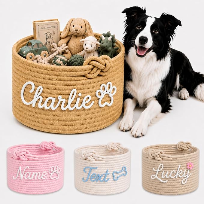 Personalized Dog Toy Basket with Name, Custom Puppy & Kitten Toy Storage Bins, Personalized Cute Handmade Cotton Rope Organizer for Snacks, Pet Supplies, Birthday Gifts Basket for Pets (A1) by Unknown