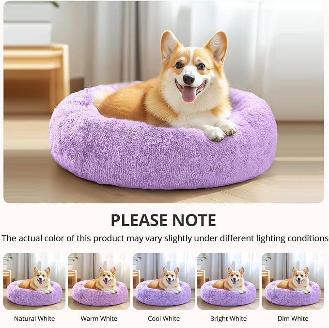 JOLLYVOGUE Calming Dog Bed for Small Dogs - 23 inches Donut Washable Small Dog Bed for Kittens & Puppies, Anti-Slip Round Fluffy Plush Faux Fur Cat Beds (Fits up to 25 lbs Pets, Purple) - Image 6
