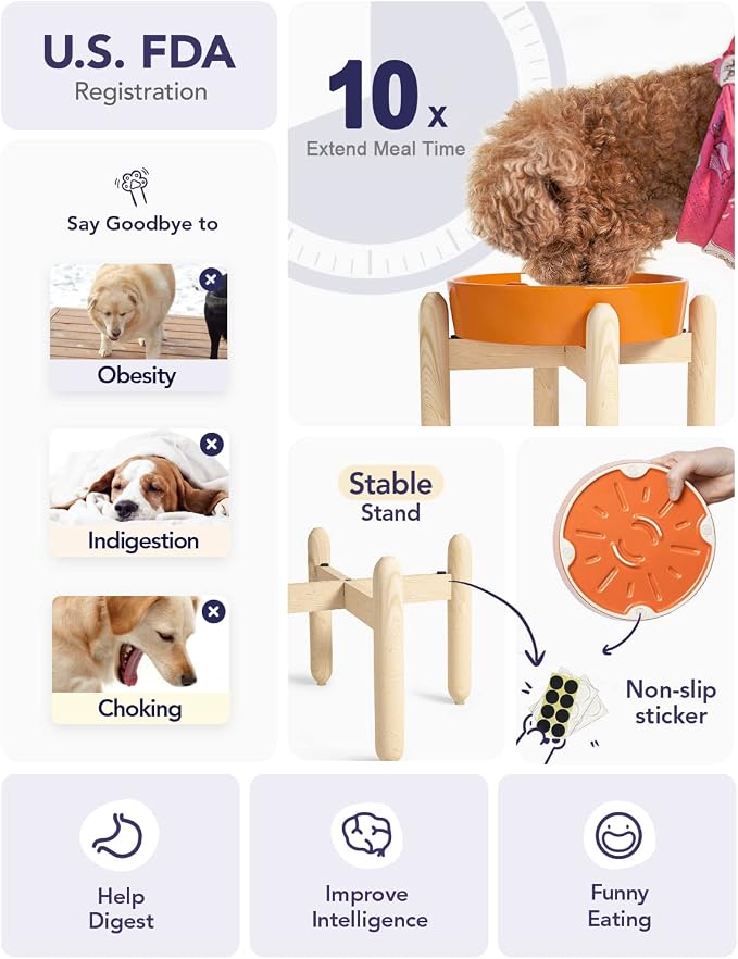 LE TAUCI Ceramic Slow Feeder Puzzle Bowl Elevated 1.5 Cup with Wooden Stand for Small & Medium Dog, Fast Eater Food Bowl Sun Orange - Image 5