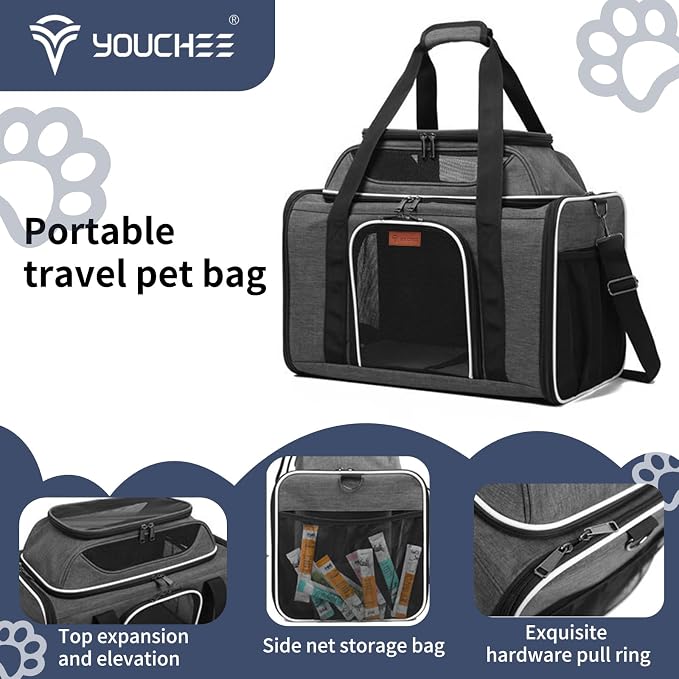 19" Large Pet Carrier for Cats & Small Dogs up to 25 lbs, Airline Approved Soft-Sided Dog Travel Bag, Top Expandable with Breathable Mesh, Washable Liner & Safety Tether. (Grey) - Image 6