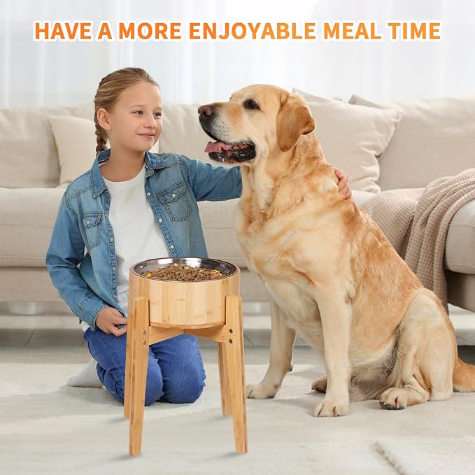 Elevated Dog Bowls for Large Dogs Feeder Two Bowls with a Stainless Steel and Bamboo Dishes，Raised Dog Bowl Stand with Non-Slip Feet，Ideal for Medium and Large Breeds， (13.5-inch High) - Image 7