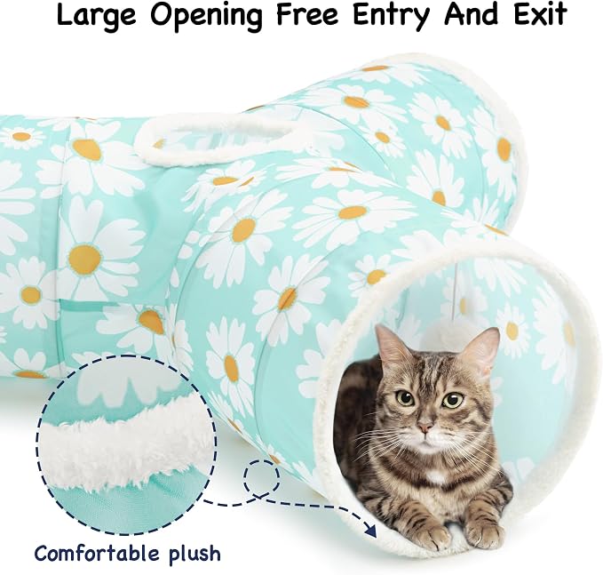 Tempcore Cat Tunnel for Indoor Cats, 3 Way Collapsible Pet Play Tunnel with Teaser Wand, Peek Holes & Hanging Ball, Interactive Tube for Kittens & Rabbits, Daisy Blue Printed - Image 4