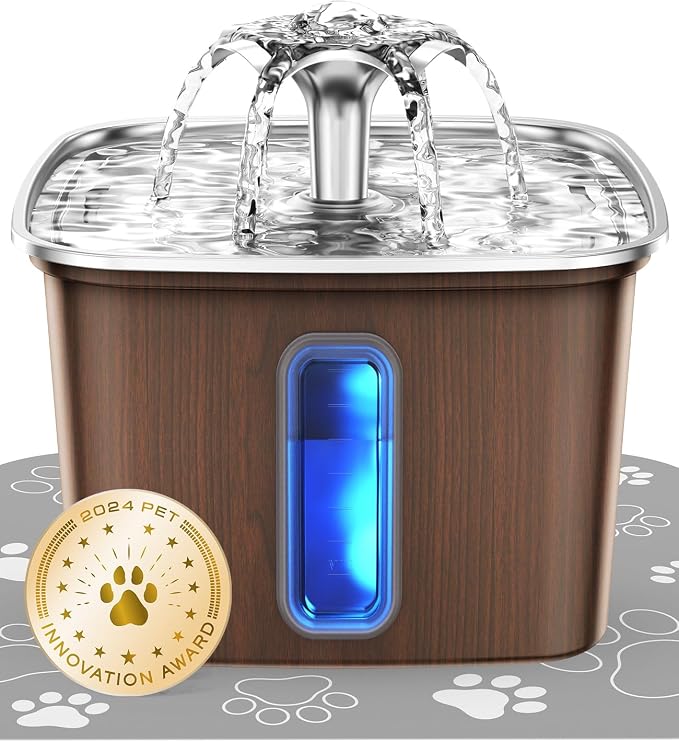 Veken Innovation Award Winner Stainless Steel Cat Water Fountain, 108oz | Automatic Pet Fountain Dog Water Dispenser with Replacement Filters & Silicone Mat for Cats, Dogs (Walnut Brown) by Veken