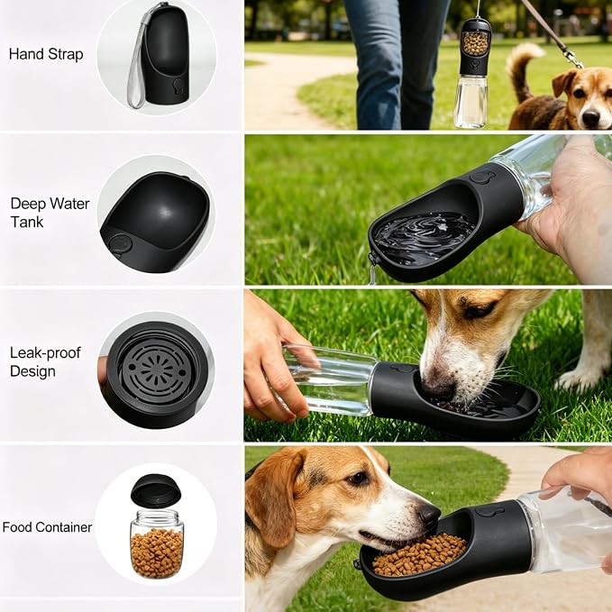Portable Dog Water Bottle with Food Container, Drinking Bottle for Travel | 2 in 1 Dog Water Bowl, Leak Proof Pet Water Dispenser, BPA Free, Puppy Essentials, for Walking Hiking (Black,12oz) - Image 4