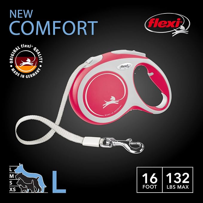 FLEXI New Comfort Tape Retractable Dog Leashes for Large Dogs Upto 132 lbs. – 16 ft., Red/Pastel | Tangle Free Pet Walking Leash with One-Handed Brake, Pause, Lock|German Quality Product - Image 2