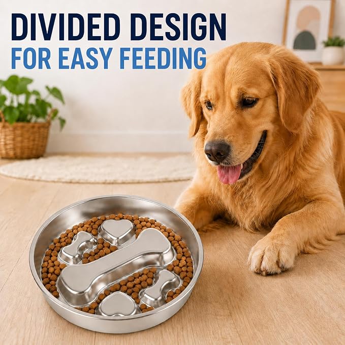 304 Stainless Steel Slow Feeder Dog Bowl, Double-Sided Anti-Gulping Puzzle Bowl, Bone Design, Dishwasher Safe, for Medium Large Dogs - Image 4