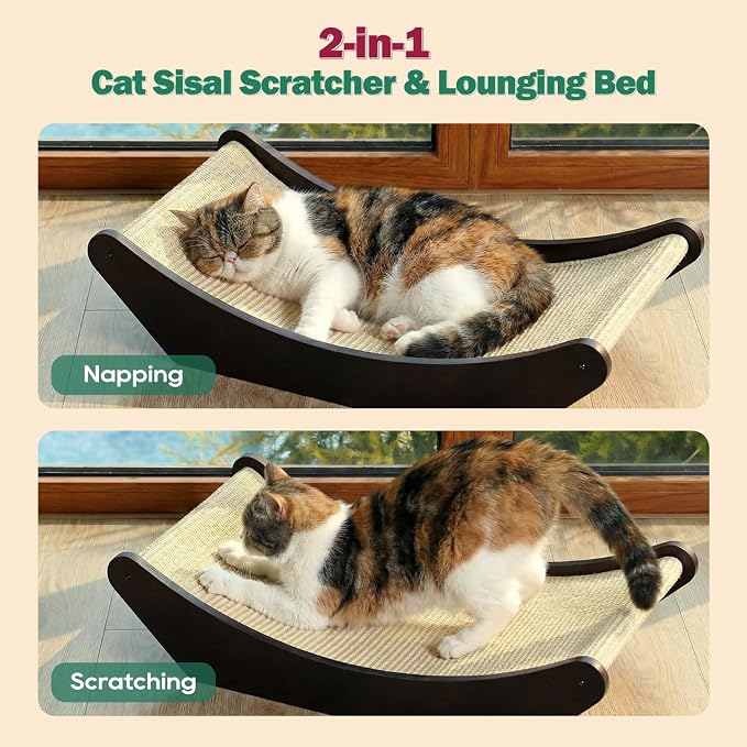 Zakkart Cat Sisal Scratching Bed Hammock, 2-in-1 Cat Scratcher & Lounging Bed, 100% Natural Sisal Mat, Solid Wood Frame, Cat Furniture Protector (Large, Dark Stained) - Image 2