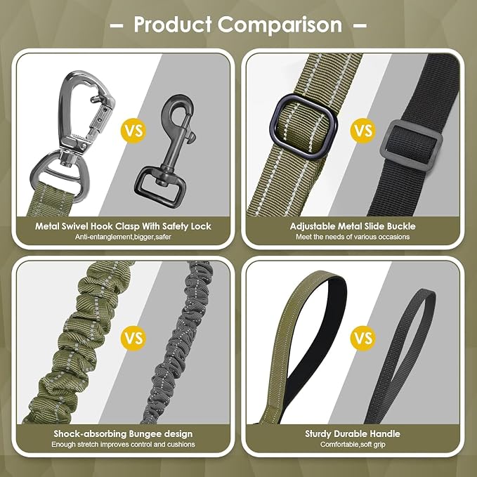 AUBELL Tactical Dog Leash Heavy Duty,4-6ft No Pull Bungee Leash,Green | Reflective Dog Leash for Medium Large Dogs with Comfortable Padded Double Handle,Car Seat Belt,360 Degree Rotating Carabiner - Image 8