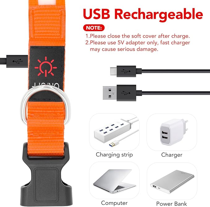 Vizpet LED Dog Collar, Light Up Dog Collar Adjustable USB Rechargeable Super Bright Safety Light Glowing Collars for Dogs(Large,Orange) - Image 4