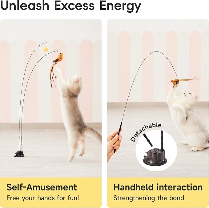 Potaroma Suction Cup Cat Wand Toys, Dual-Wand Interactive Kitten Toy | For Indoor Cats with 5 Pcs Feathers Balls Attachments, Charcoal Base - Image 6