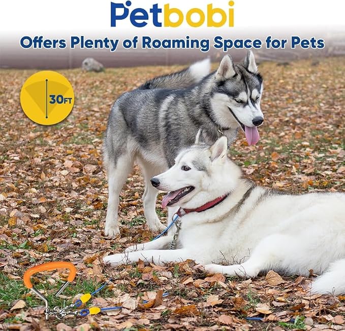 Petbobi Dog Tie Out Cable and Stake, 30ft Heavy Duty Dog Leads for Yard | 4in Shock Spring, 16in Spiral Ground Anchor, 360° No-Tangle Swivel, Chew-Proof Rustproof Wire, Up to 120 lbs, Outdoor Camping - Image 4
