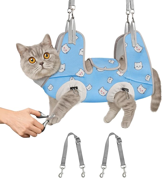 Supet Cat Grooming Hammock Harness for Nail Trimming, Kitten Care Sling | Small Dog Hanging Sling for Nail Clipping, Pet Restraint Holder for Medicine, Ear & Teeth Cleaning, Eye Care (BlueCat S) by Supet