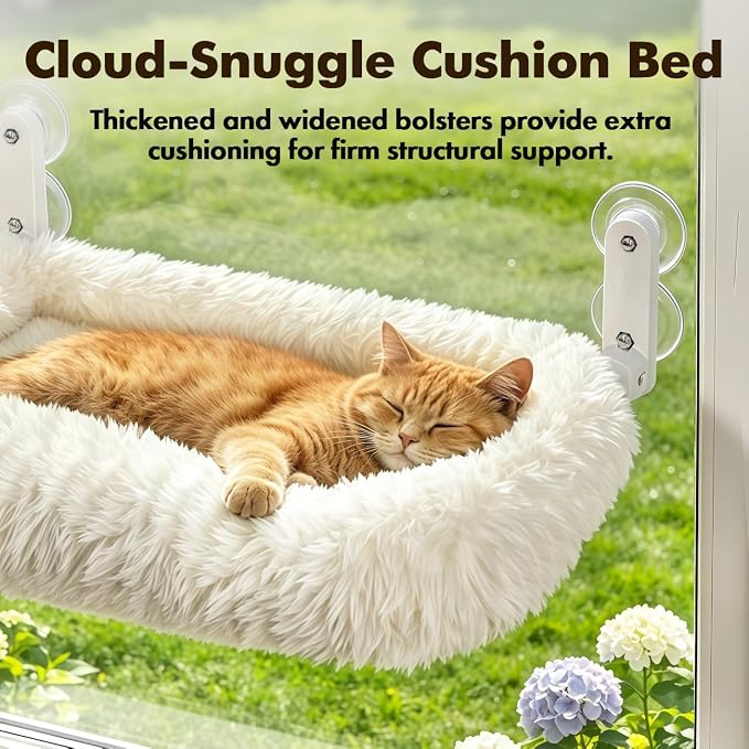 Zoratoo Foldable Cat Window Perch, Widened Cushion Cat Bed for Large Cats | M-White, Extra-Thick and Fluffy Bolster, Large Lying Space, Machine Washable, Cat Window Hammock with Sturdy Metal Frame - Image 2