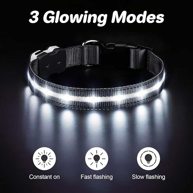 PcEoTllar Light Up Dog Collar, Glow in The Dark for Night Walking, Black, L | Led Dog Collar for Night Walking, 3 Flashing Mode, USB Charge, For Small Medium Large Dogs, Waterproof, Durable Material - Image 2