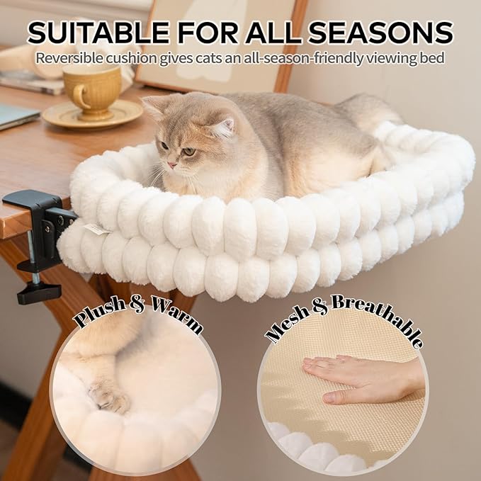 CHEERPALS Cloud Cat Bed Desk Mounted Hammock for Indoor Cats Perch Foldable | Reversible Mesh Warm Plush Mat, 90° Space Saving, Machine Washable Support Pet Bed for Kitty and Puppy(White, Medium) - Image 4