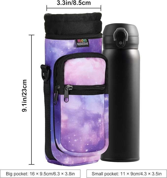 Nuovoware Water Bottle Carrier Bag, 25oz/32oz, StarrySky Purple | Adjustable Shoulder Hand Strap, 2 Pocket, Sling Neoprene Sleeve, Sports Water Bottle Accessories - Image 4