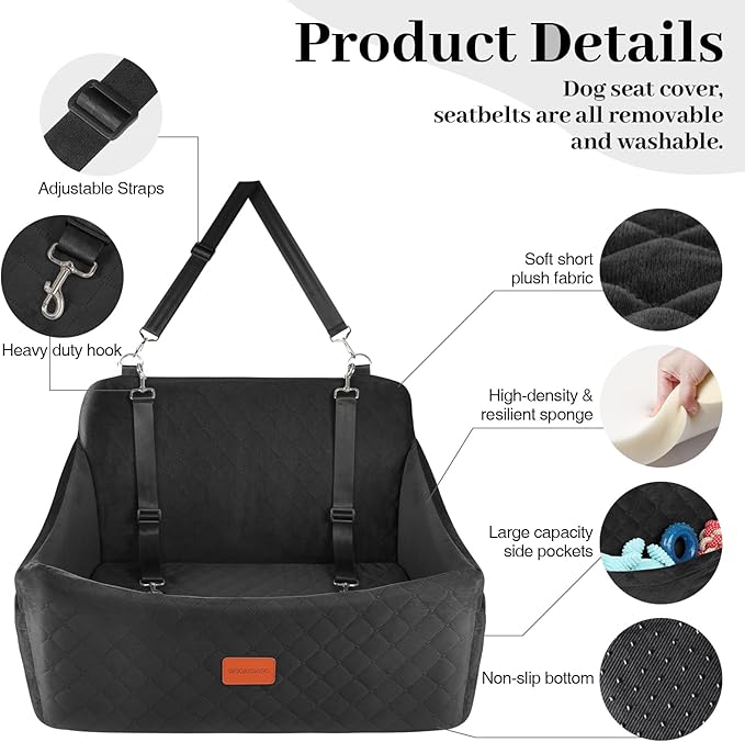 Wooaidagg Dog Car Seat for Medium & Large Dogs Up to 55lbs, Memory Foam Cushion, Washable Cover, Safety Straps & Non-Slip Bottom(Black,Large) - Image 2
