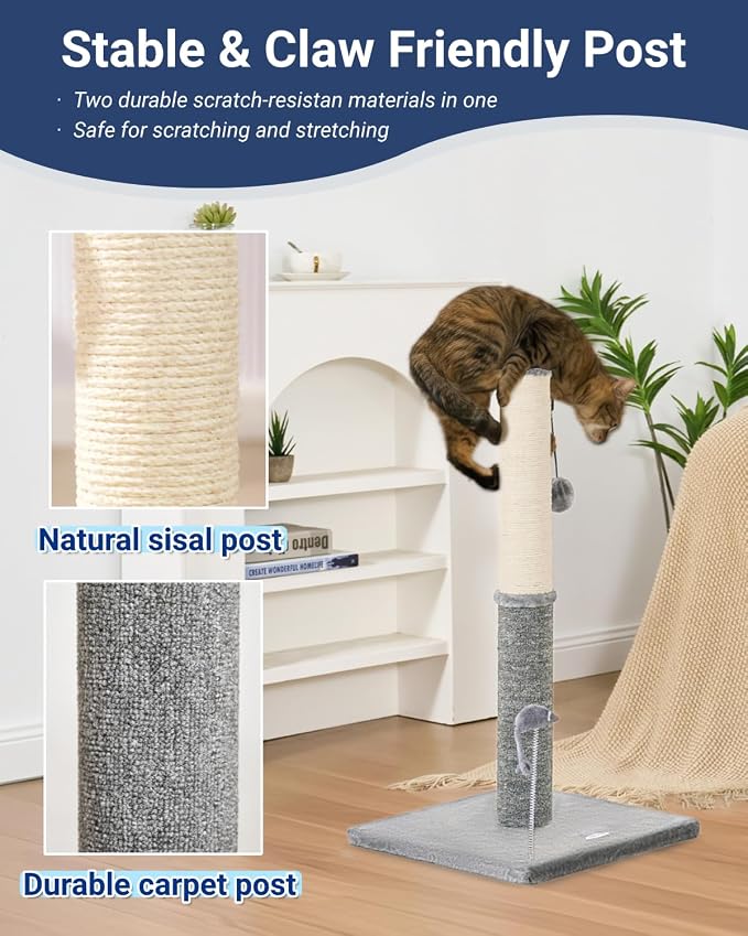 Tall Cat Scratching Post, Cat Scratchers for Indoor Cats | 29.5" Tall For Large Cats, Sisal & Carpet In One For Various Scratching Needs, Solid Structure, Extra Free Toy, Light Gray - Image 2