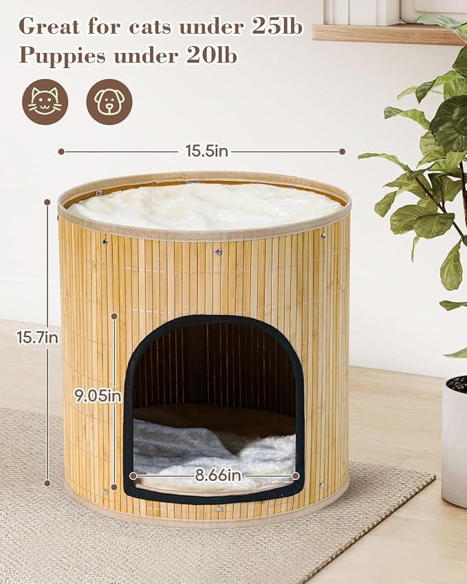 SYANDLVY Large Cat House, Kitten Condo with Bed for Indoor Cats, Portable ﻿ | 2-Tier Foldable Natural Bamboo Cave with Double-Sided Cushion, 15.5"x15.7" Washable Kitten Hideout - Image 2