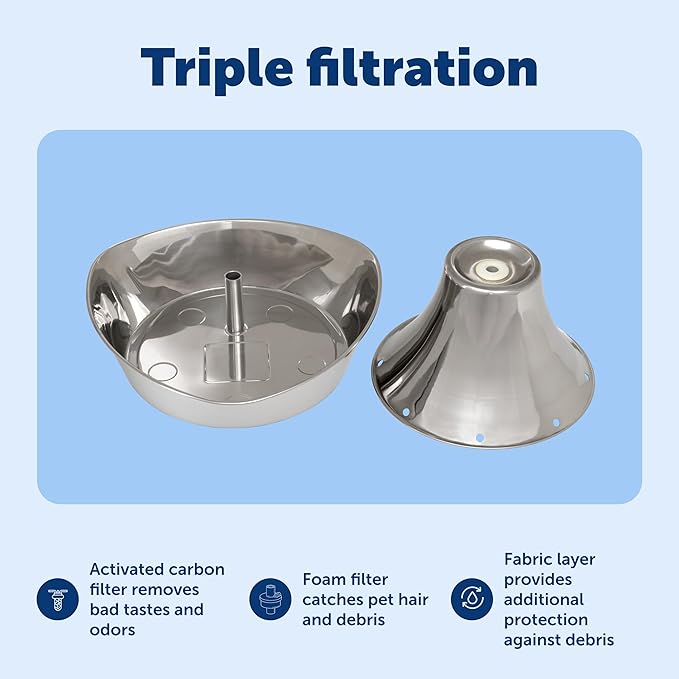PetSafe Seaside Stainless Cat & Dog Fountain, 60 oz, 2 Filters & Pump | 60 Oz Capacity, 360-Degree Flow, Triple-Filter with 2.5x More Activated Carbon, Scratch/Rust-Resistant Stainless Steel - Image 5