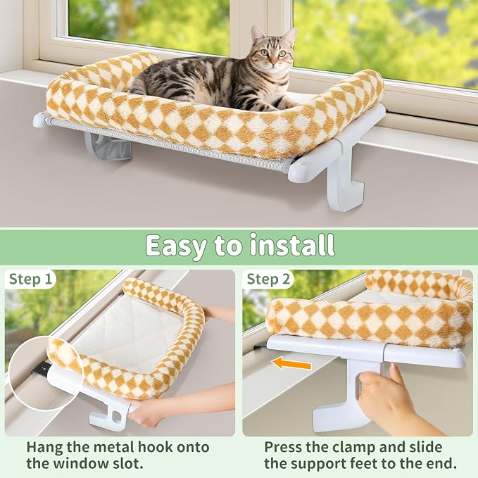 Sunhoo Cat Window Perch Hammock Sturdy Windowsill Bed Seat for Large Cats No Drilling No Suction Adjustable Kitty Shelf with Washable Cover Easy Assembly Holds up to 40 lbs 24.8 * 15 in (Brown, L) - Image 4