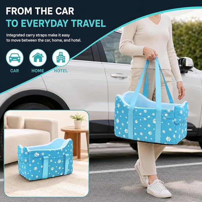 Center Console Dog Car Seat for Small Dogs Under 15lbs,Detachable Washable Booster Pet Car Seat Travel Bed with Storage Pockets and Seat Belt(Blue) - Image 3